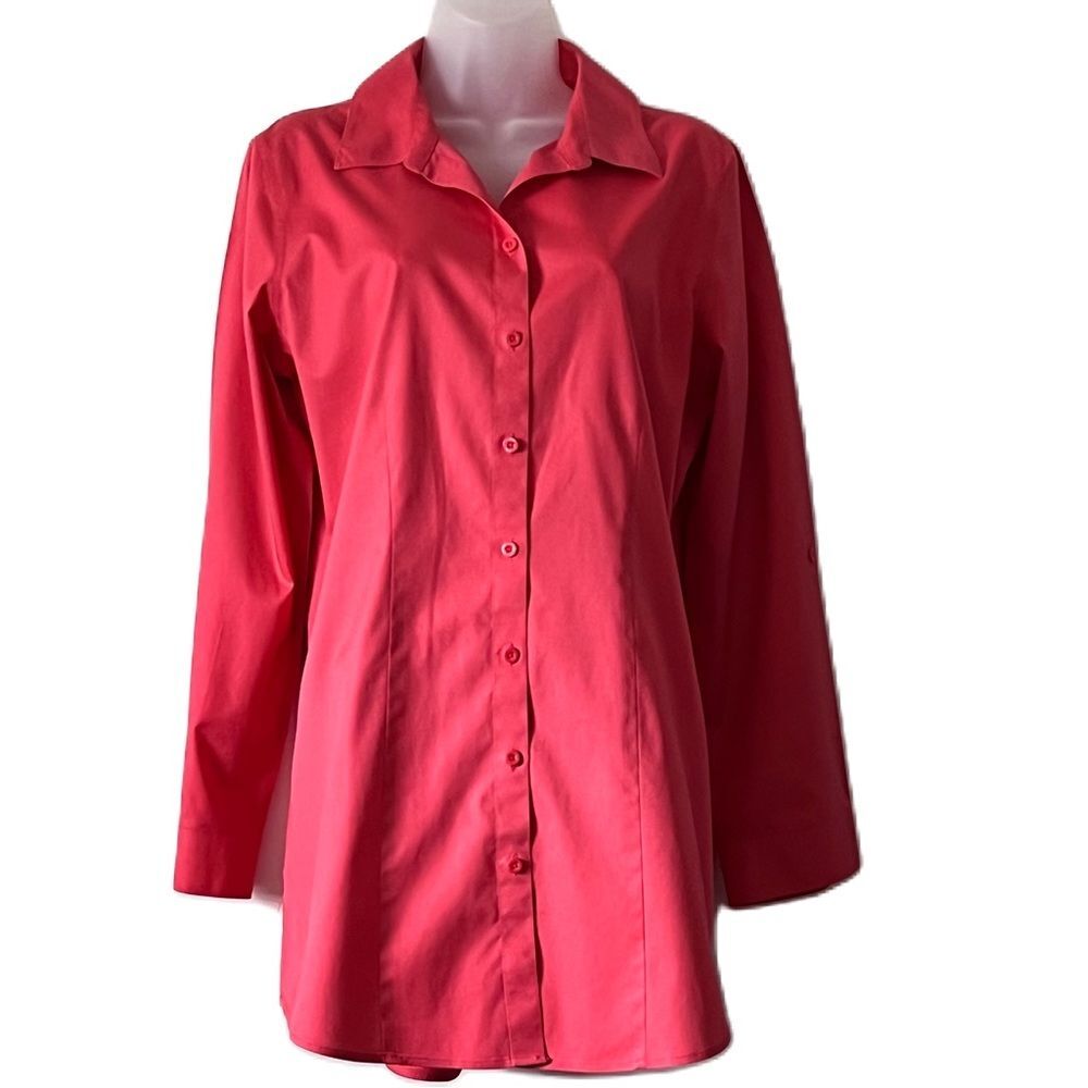 Chicos Sz 1 Womens Button Front Tunic‎ Coral Long Sleeve VNeck No Iron Roll Ups